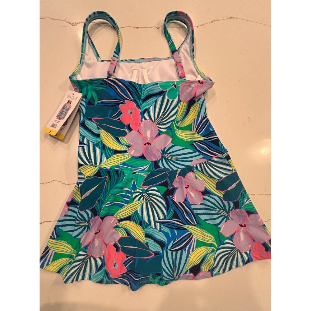 Beyond Control Size‎ Small Square Neck Swim Dress Womens Blue Tropical Floral - Picture 3 of 7
